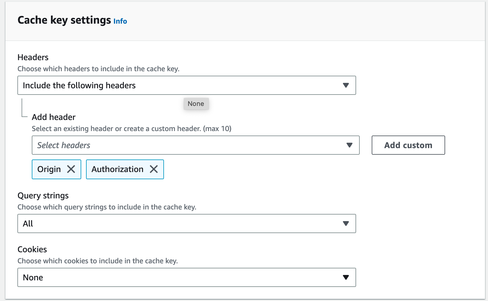 a screenshot of the cloudfront cache policy settings