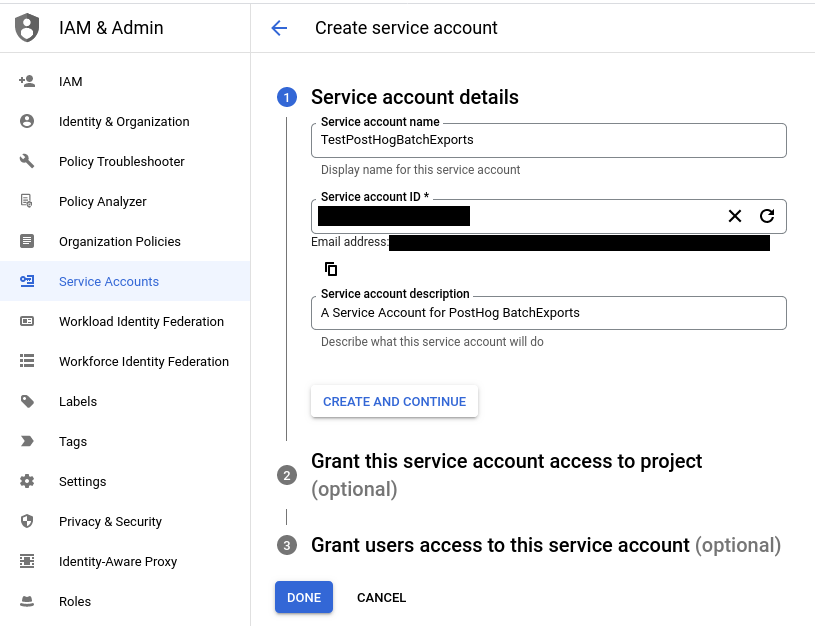 Create service account